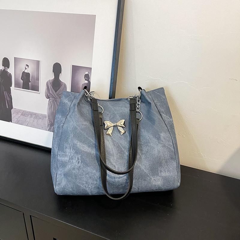 Модная синяя сумка-тоут с бантом-бабочкой 2024 Трендовый уличный стиль Средняя вместимость Холщовая сумка через плечо синий