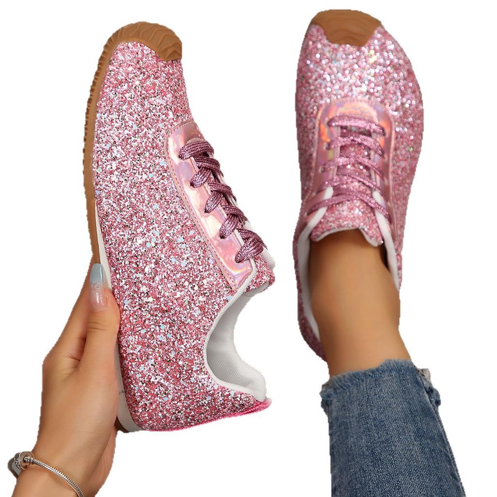 Large size flat-bottomed casual sports shoes women's new European and American sequined lace-up shoes