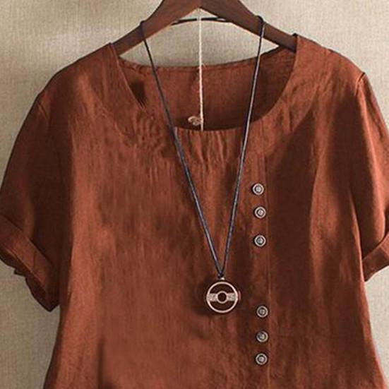 Summer Women T Shirt Loose Fit Round Neck Short Sleeve Solid Color Pullover Top Buttons Decor Daily Wear Tee