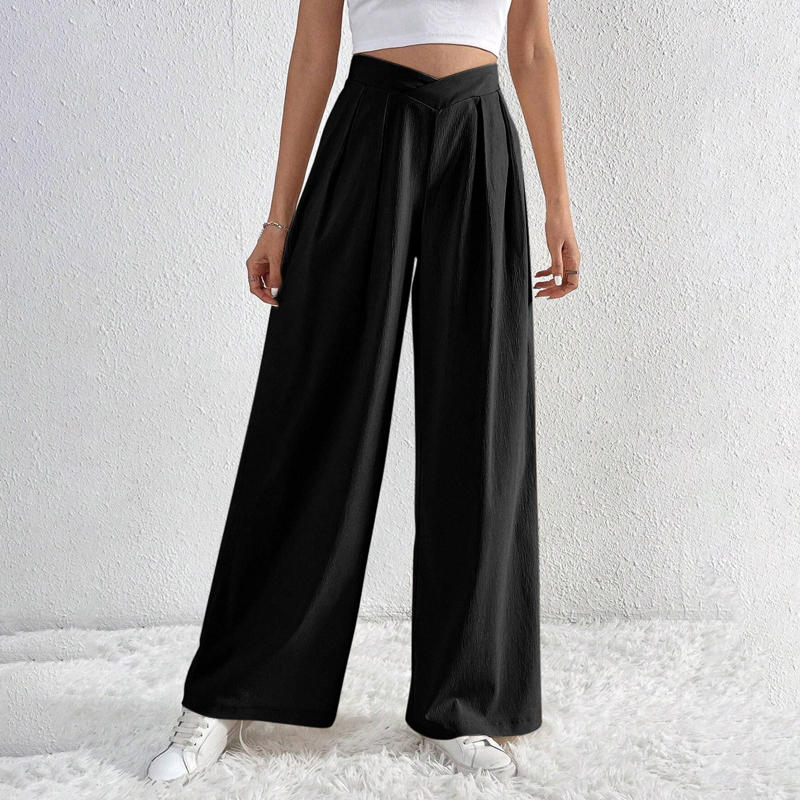 

Fashionable Women s Cross-Wrap Front Work Casual Pants Soft High-Elastic Waist Casual Business Long Pants M чёрный