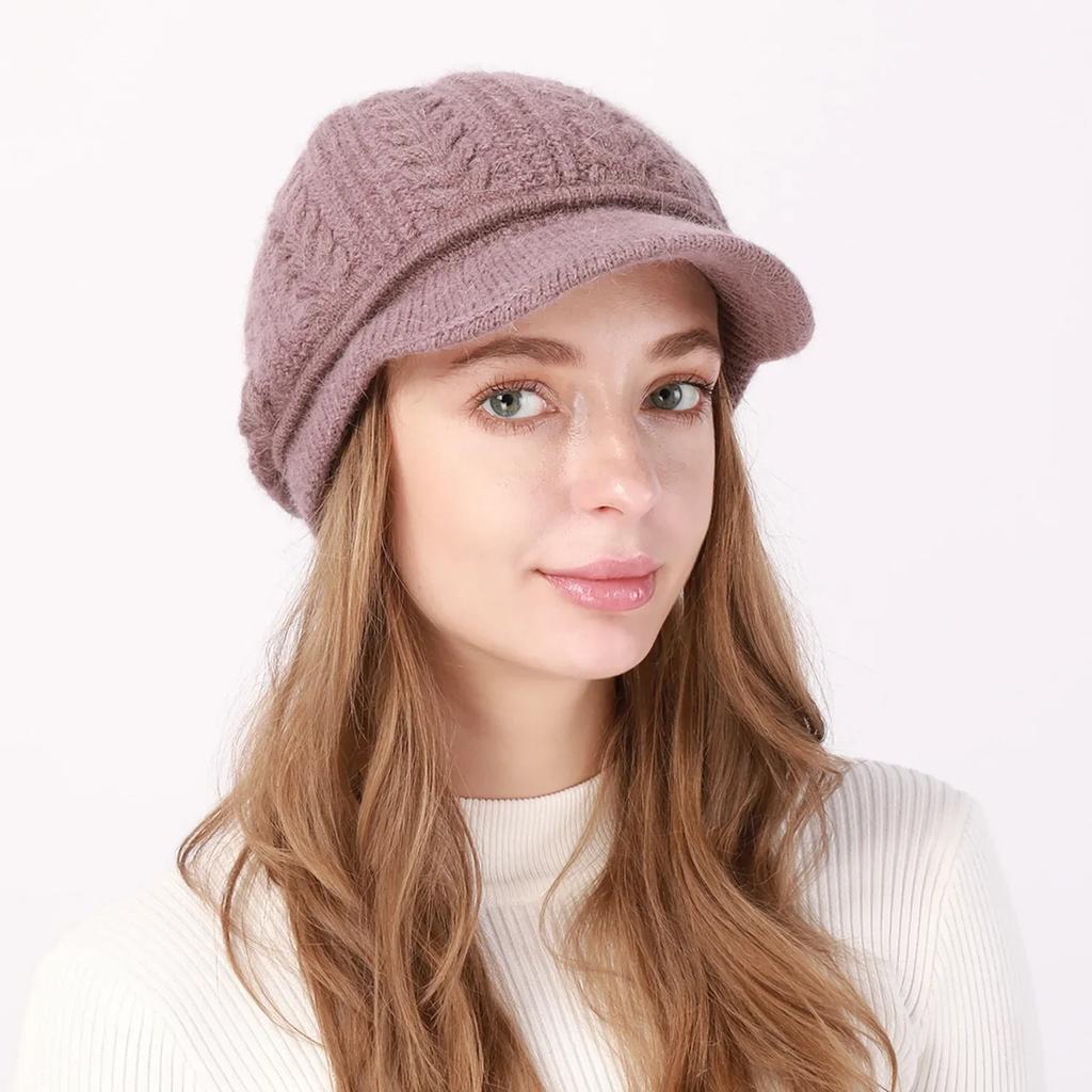 High Quality Wool Women Winter Warm Slouchy Cable Knit Beanie Skull Beret Hat With Visor Outdoor Thicken Lady Bonnet Gorros