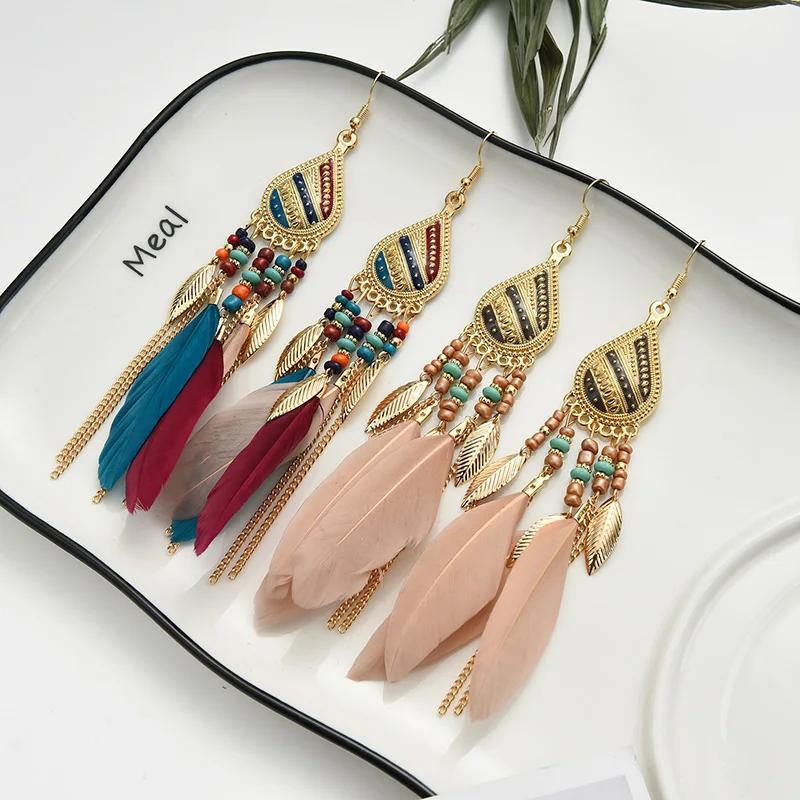 Bohemian Colorful Feather Tassel Earrings For Women Ethnic Beads Drop Statement Hanging Earrings Girls Fashion Jewelry Gift