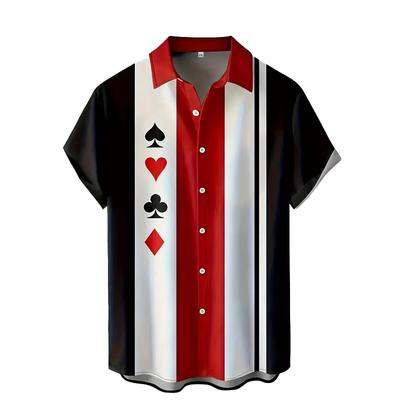 Herrenhemd mit Pokerstreifen und 3D-Druck, Hemd mit Knopfleiste, Freizeithemd, Sommerhemd, kurzärmelig, Alltagskleidung