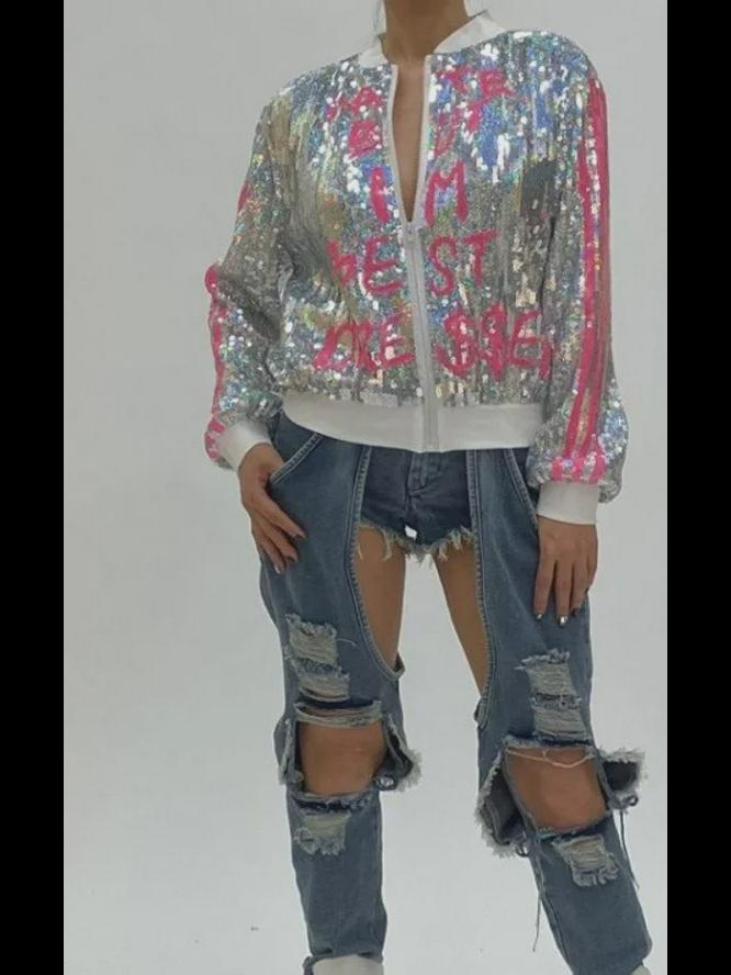 2024 Frühling Europäische und amerikanische Baseballjacke mit Pailletten und Farbverlauf