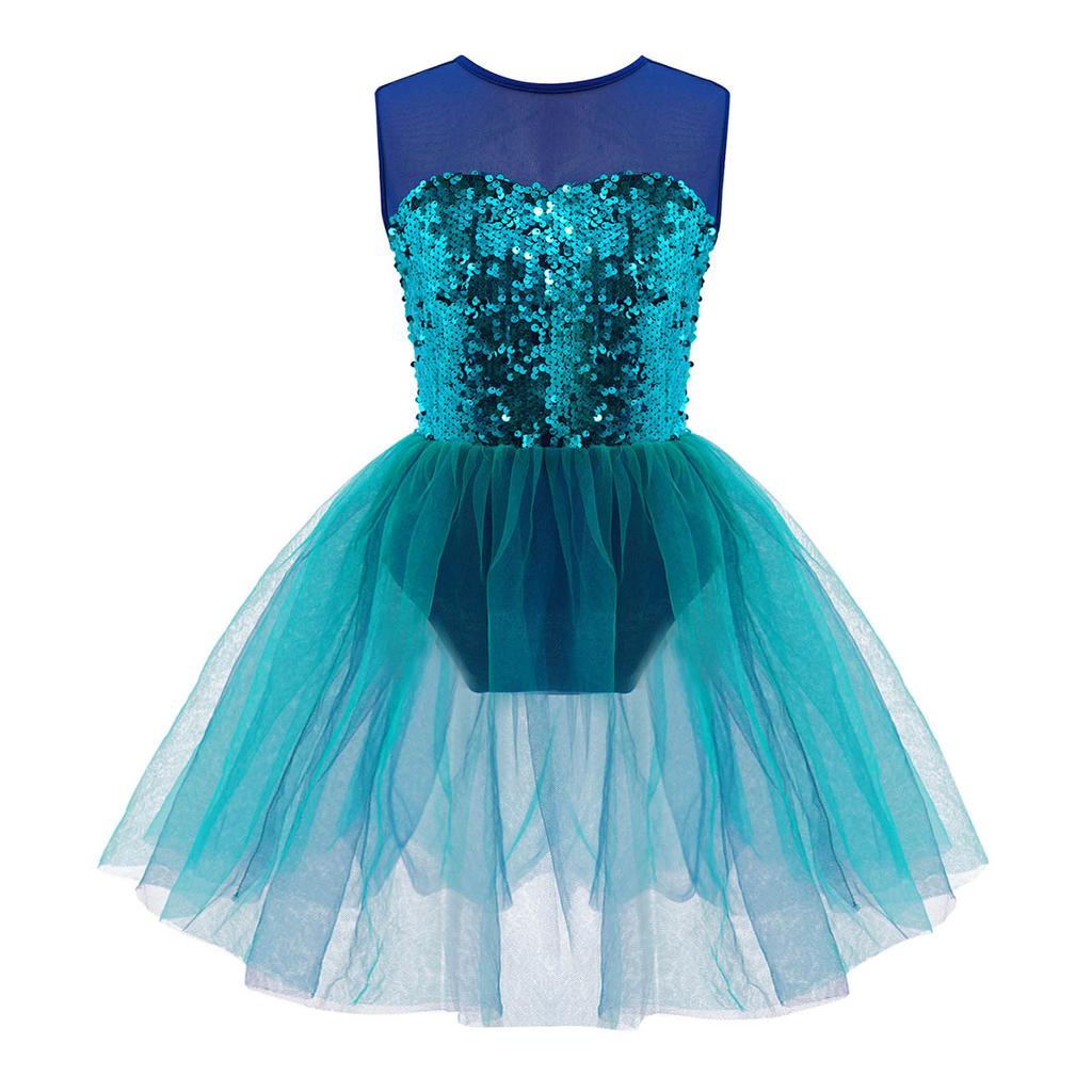 Kids Girls Dance Leotard Dress Ballet Figure Skating Shiny Sequins Bodice Open Back Mesh Tutu Dress Costume
