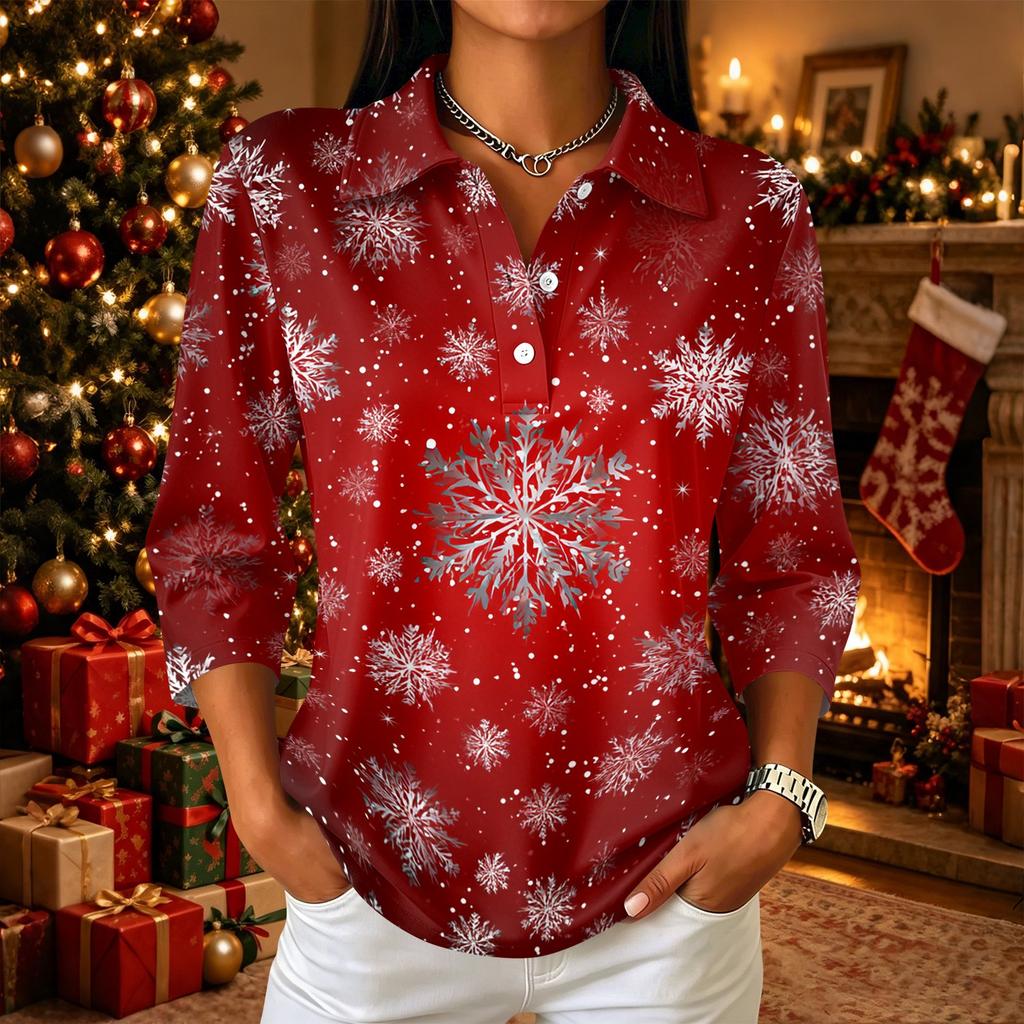 Damen Freizeithemd mit 3/4 Ärmeln, Kragen und Knopfleiste mit Weihnachtsdruck