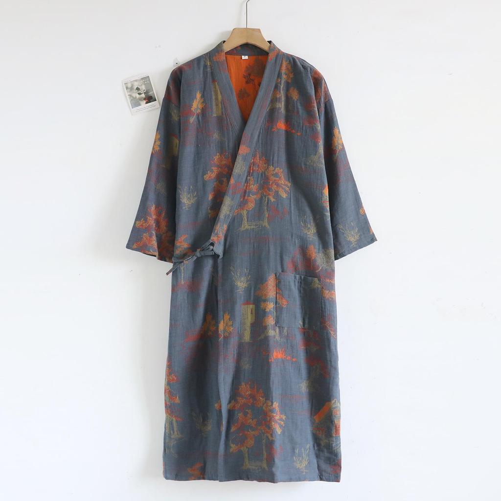 Men's Pure Cotton Jacquard Kimono Robe - Loose Fit, Plus Size, Ideal for Spring to Autumn Sleepwear and Sauna.