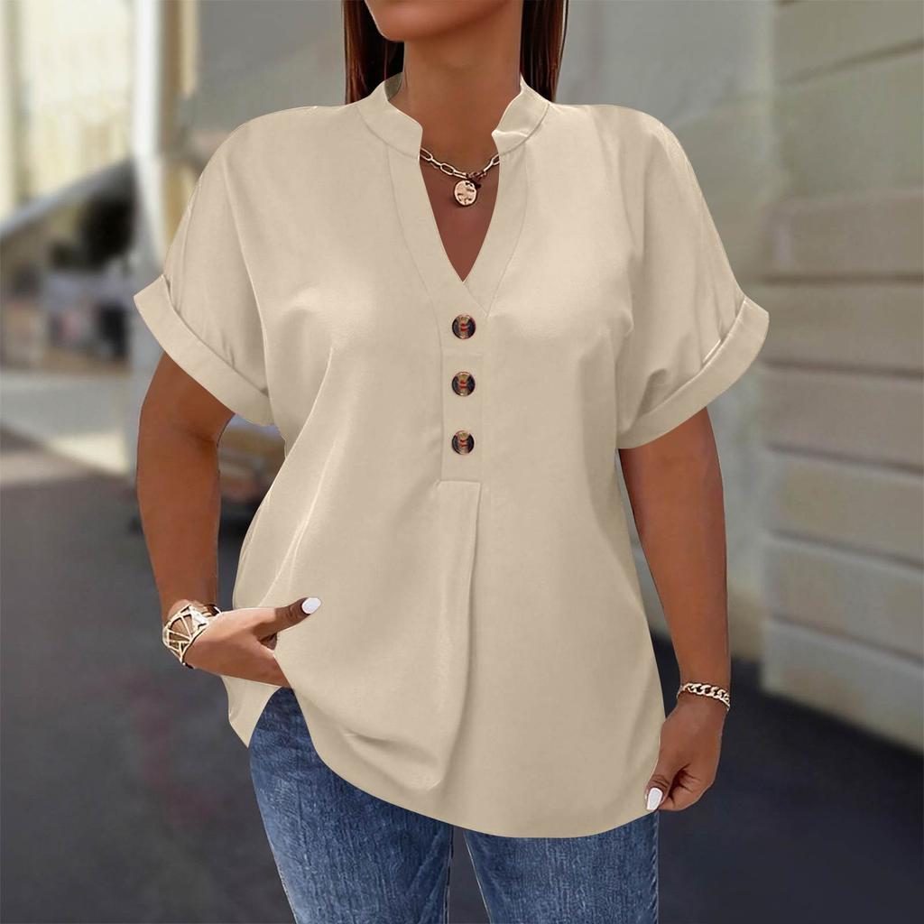 Women's Fashion Short Sleeve V Neck Button Up Blouse Stylish Casual Plus Size Top