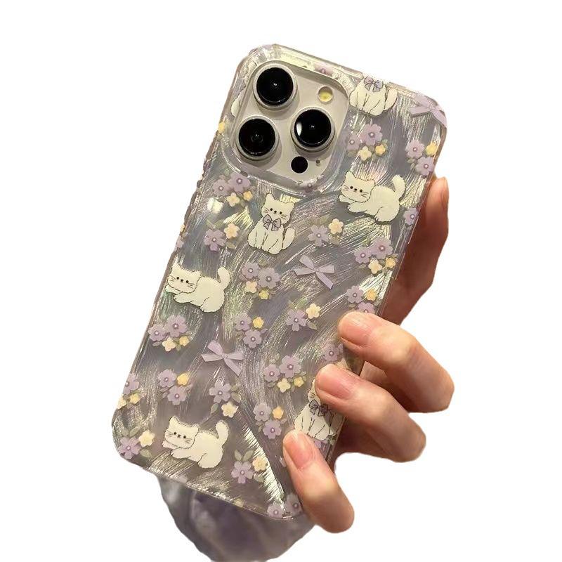 Purple Floral Cat Case for Apple 15/14/13/12/11/Pro/Pro Max/XS Max/XR/XS