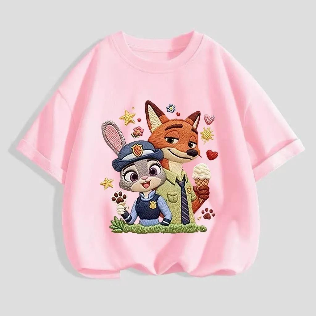 Zootopia Judy Nick Print Childrens Cotton Tshirt Versatile Casual Top for Girls Summer Shortsleeved Round Neck Girls Clothing