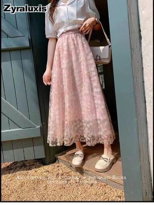 Vintage Embroidery Chiffon Maxi Skirt Women's High Waist A-Line Umbrella Skirt