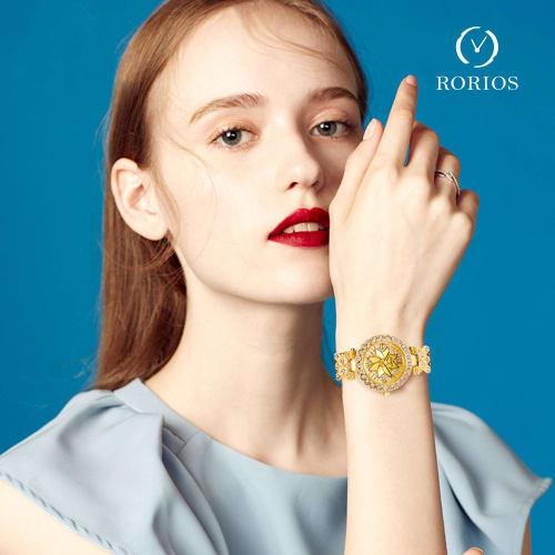 RORIOS Women's Sparkling Bracelet Quartz Watch, Fashionable, Water Resistant, Made In Japan, Floral Diamond Dial, Diamond-Inspired Steel Band, Cute an