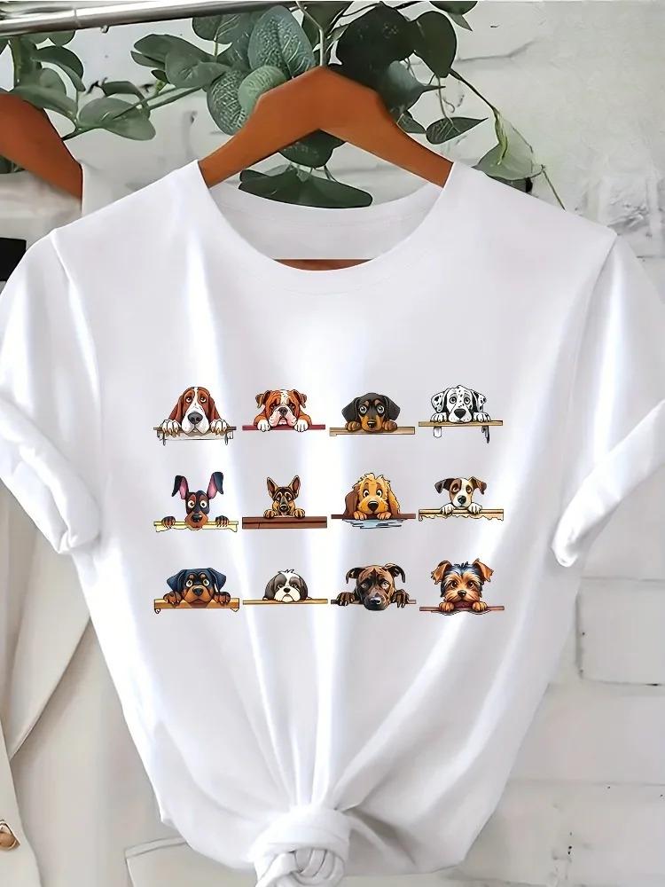 Women's Casual Short-Sleeve T-Shirt with Dog Print, Soft Round Neck, Spring/Summer/Autumn Top,