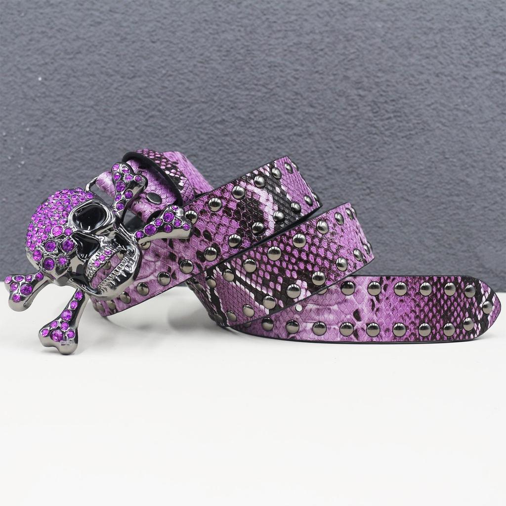 Y2K Rhinestone Skull & Snake Punk Belt - Unisex Leather with Rivet Decoration
