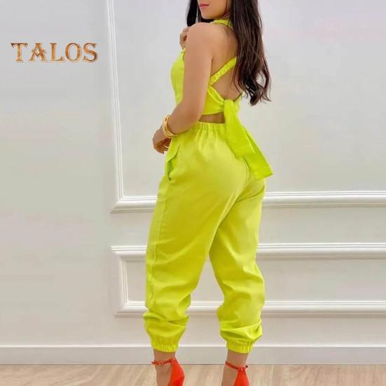 Women Jumpsuit Sleeveless Color Matching Printed Lace-up Bow Cross Back Pockets Ankle-banded Backless High Waist Lady Commute Party