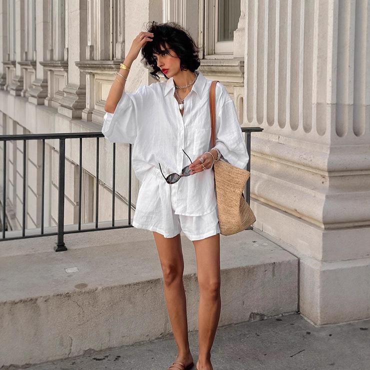 1116 Autumn New Women's Cotton Shirt Long Sleeve Fashion Casual Shorts Set Lazy Two-piece Set