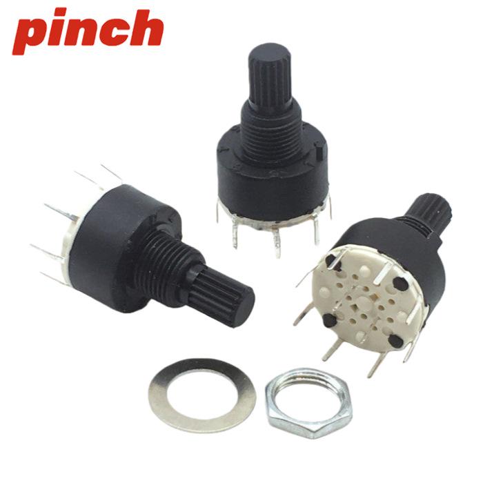 RS16 Rotary Gear Switch: 16MM, 1-Pole, 2-Throw, 3/4/5/6/8 Positions, 15-Spline Shaft, Round Point Potentiometer.