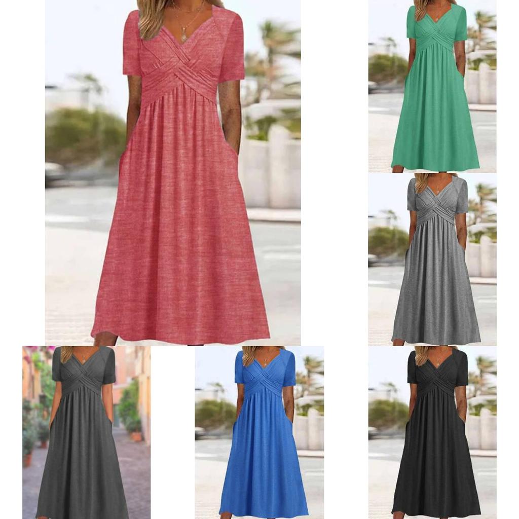 Casual Fall Solid Color V Neck Short Sleeve Dress With Pockets For Women