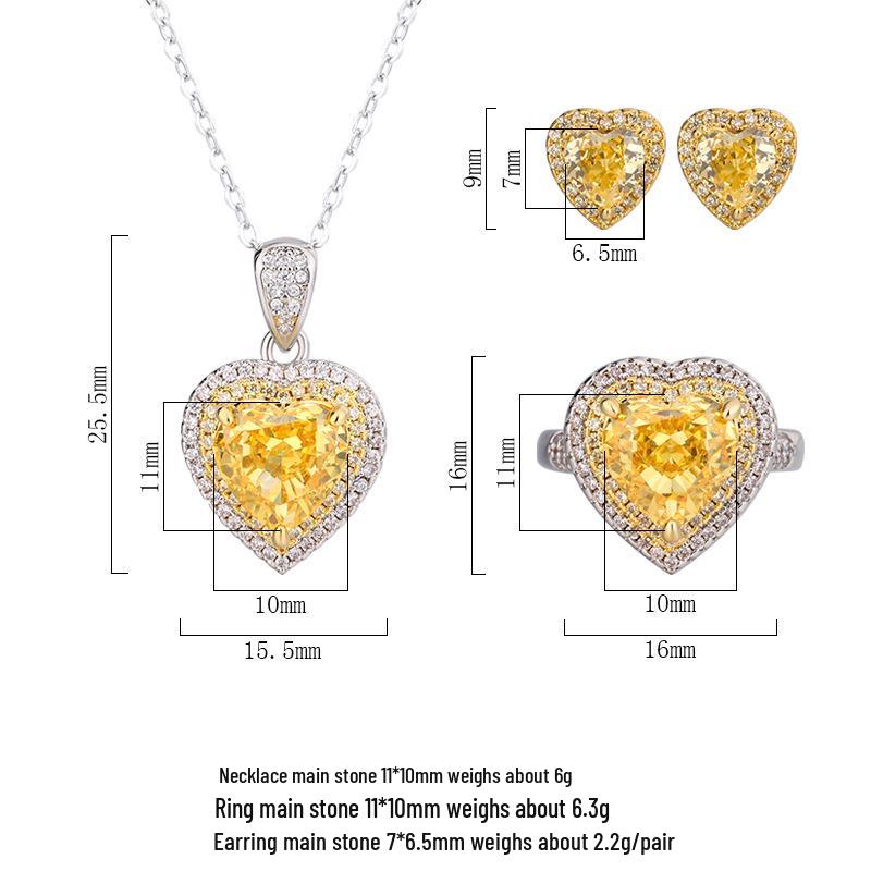 Heart-Shaped Ice Flower Cut Yellow Diamond Jewelry Set in Copper - 10*10-6*6 High Carbon Diamond for Autumn/Winter.
