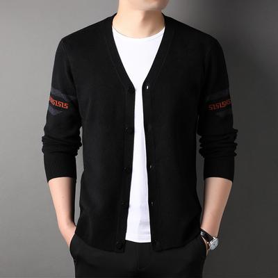 Autumn New Solid Color Shirt Thin V-neck Men's Knitted Cardigan Top Middle-aged Business Casual Coat Tide Loose