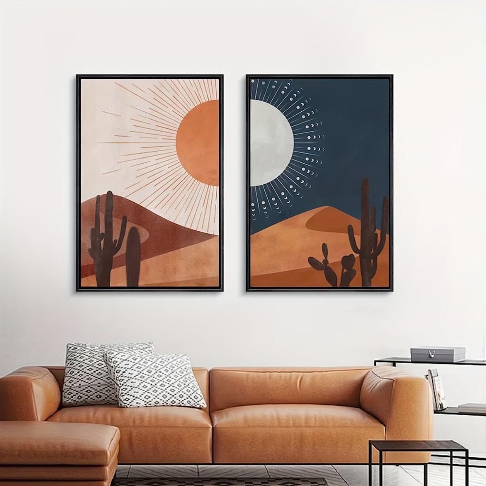 2pcs Frameless,Sun Moon Cactus Desert Landscape,Southwest Joshua Tree Picture Printing,Bohemian Style Home Decor Canvas Printing