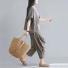 Women's Striped Cotton Linen Summer Set: Short Sleeve Batwing Top + Cropped Harem Pants
