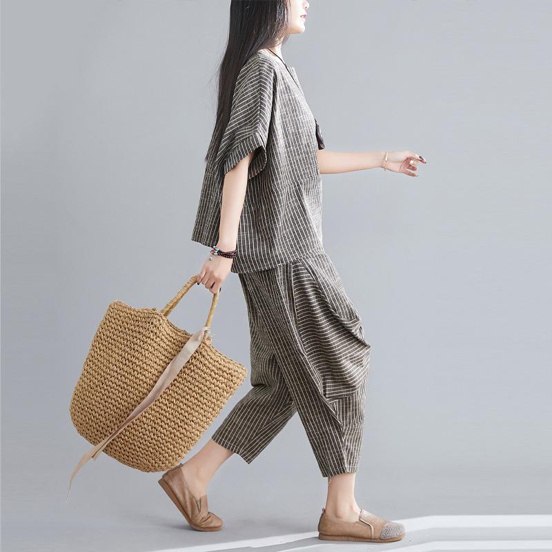 Women's Striped Cotton Linen Summer Set: Short Sleeve Batwing Top + Cropped Harem Pants