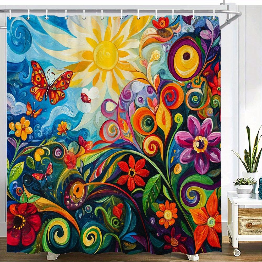 Vibrant Sunflower & Butterfly Waterproof Mildew-Resistant Shower Curtain -Colorful Design for a Joyful Bathroom Décor Experience