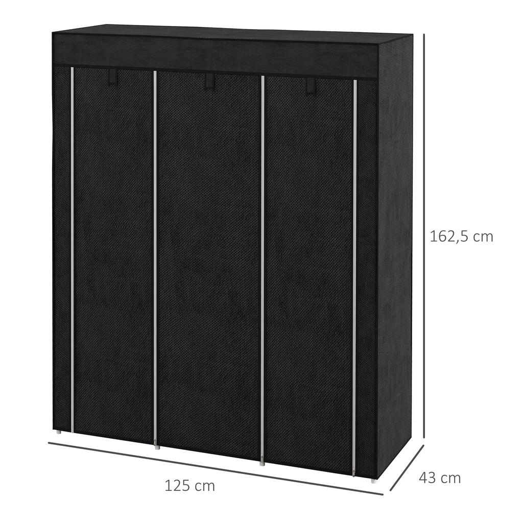 Fabric Wardrobe, with Rails and Shelves - Black
