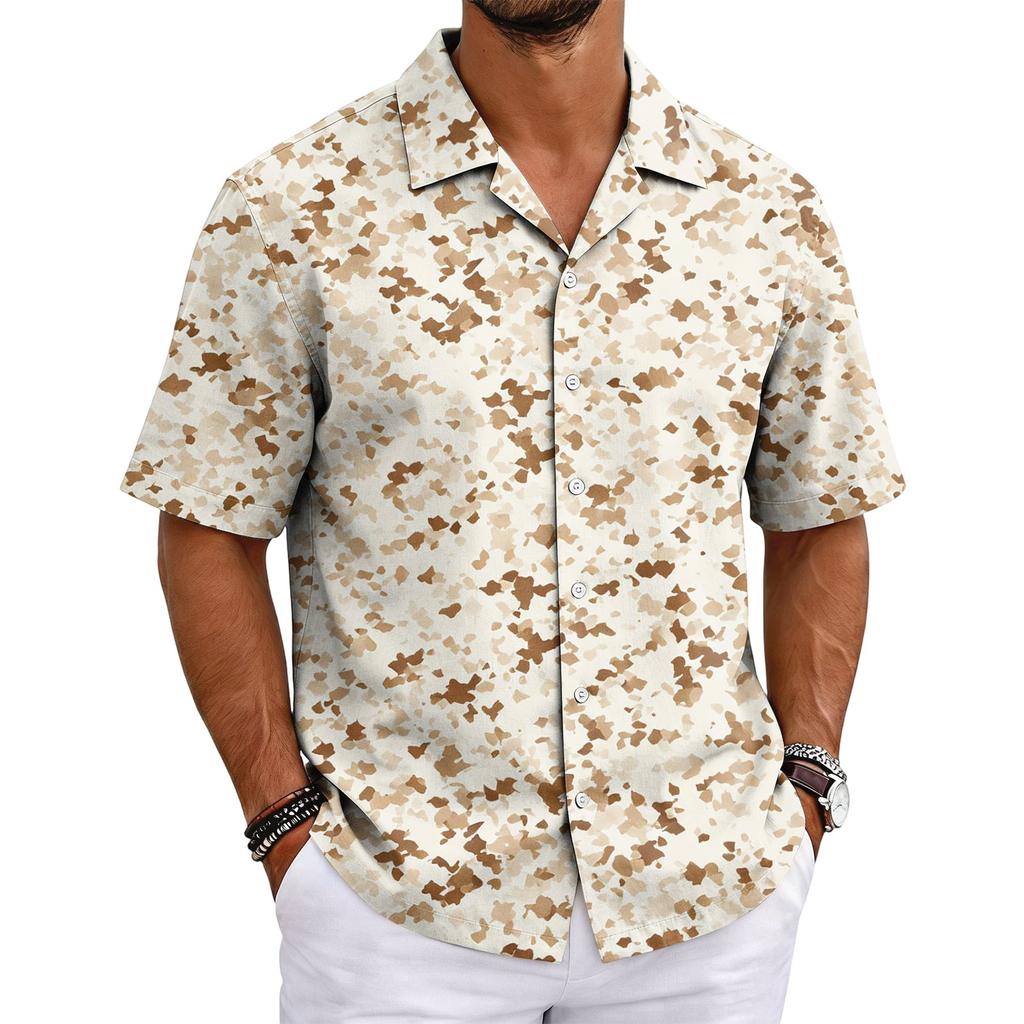 Men's Camouflage Short Sleeve Cuban Collar Shirt Lightweight Breathable Casual Button Down Shirt Summer Beachwear