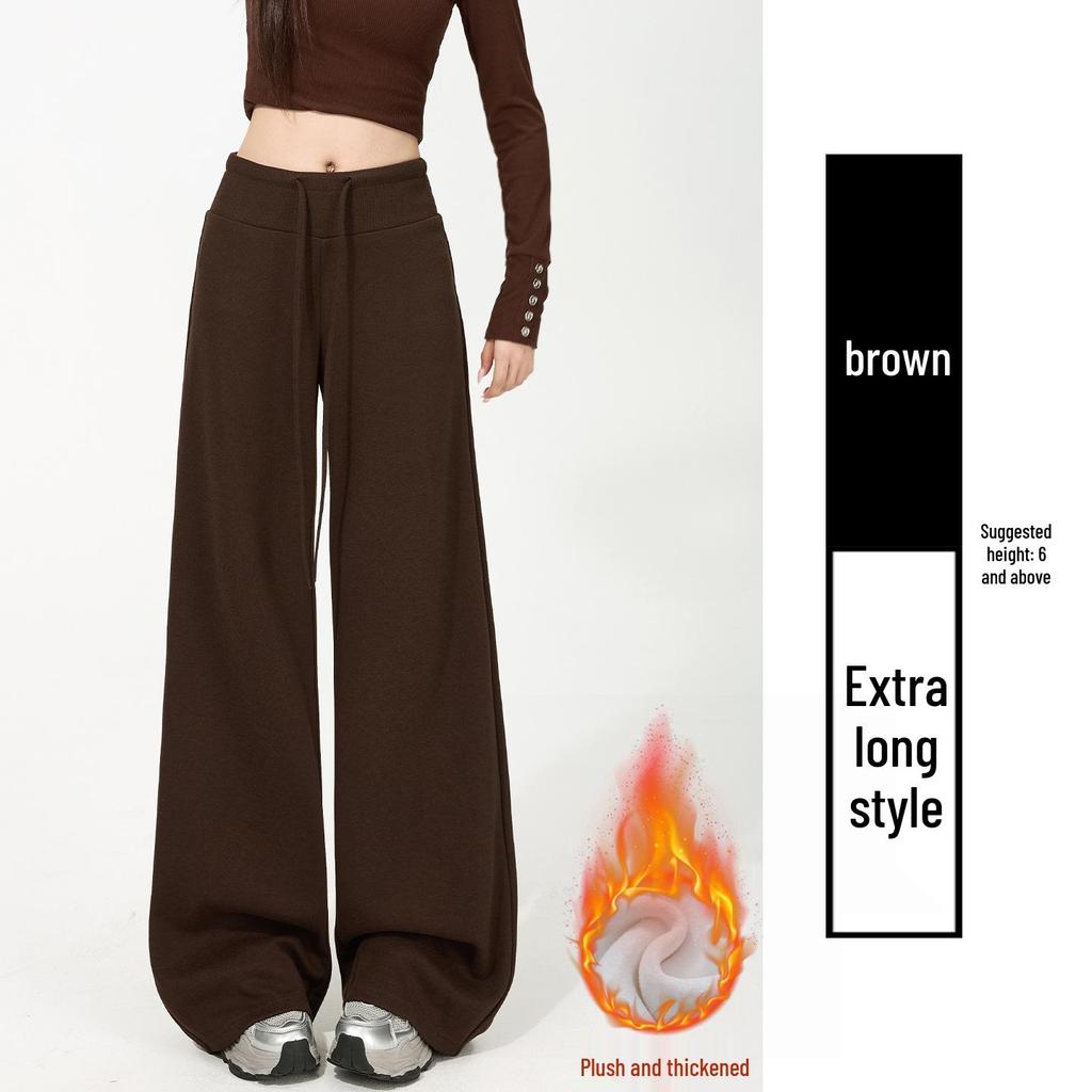 Women's Off-White Fleece-Lined Wide-Leg Pants, Autumn/Winter, Relaxed Fit, Casual, Good Drape, Straight Leg, Glutinous Rice Air Pants