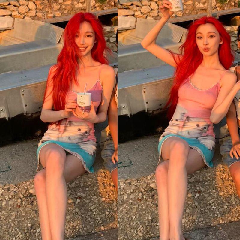 

# Sisjuly# Yi Mengling Same Sweet Super Cute Meow Print Lace Sling Dress Summer Pink S