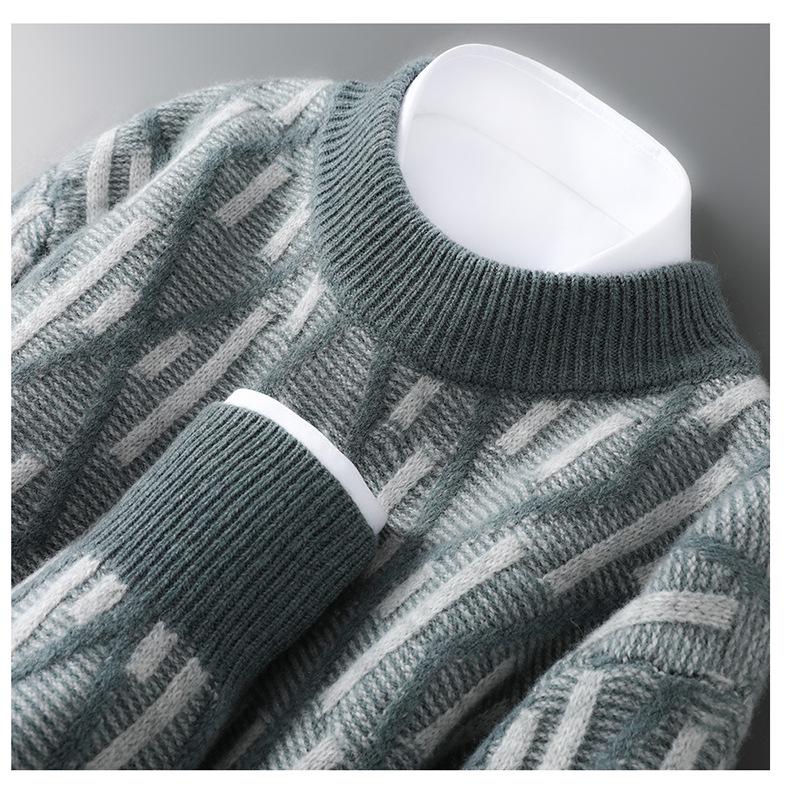 2025 Men’s Autumn/Winter Loose Fit Wool Sweater - Round Neck, Color Block, Plus Size Jacquard Pullover