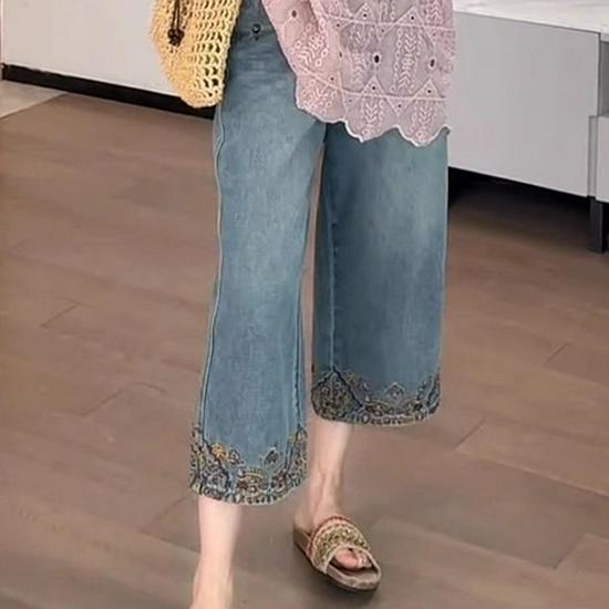 Plus Size High Waist Embroidered Wide-Leg Denim Pants - Retro Chinese Style Women's Clothing