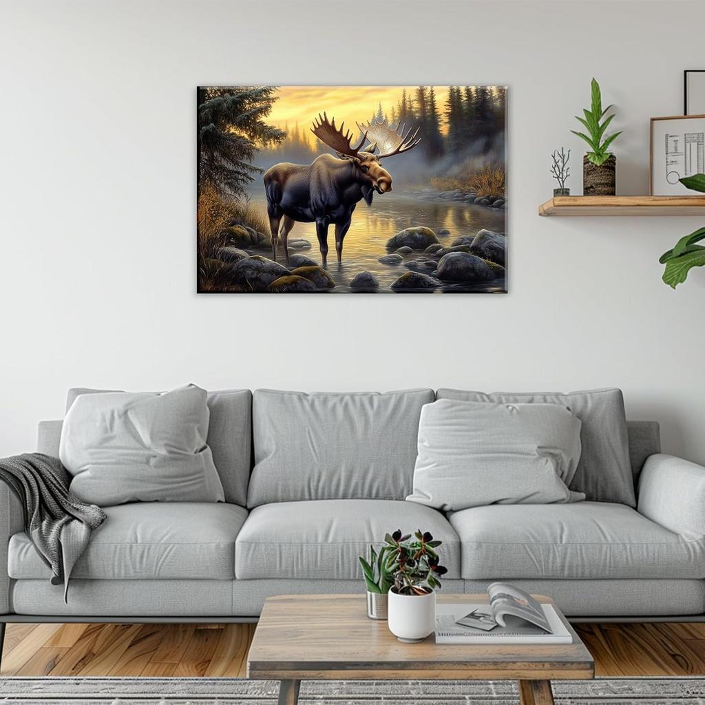 OAAPITI Moose Canvas Wall Art Vintage Wildlife Pictures Art Print Wilderness Forest Landscape Painting Modern Artwork For Bedroom Living Room Home
