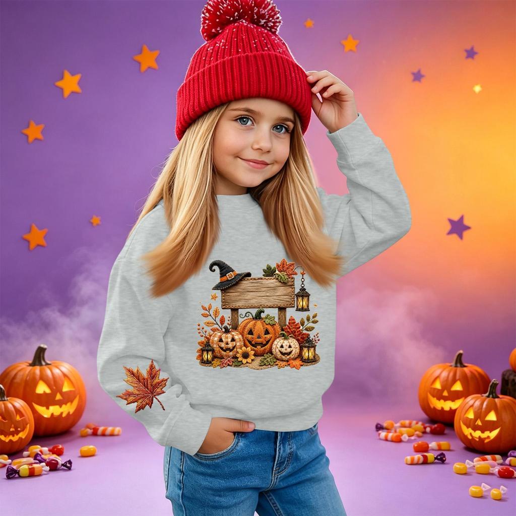Kids' casual long-sleeved sweatshirt with Halloween print, suitable for holiday parties and everyday wear.