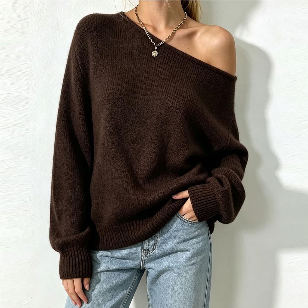 Women's Off-Shoulder Long Sleeve Knit Pullover Sweater