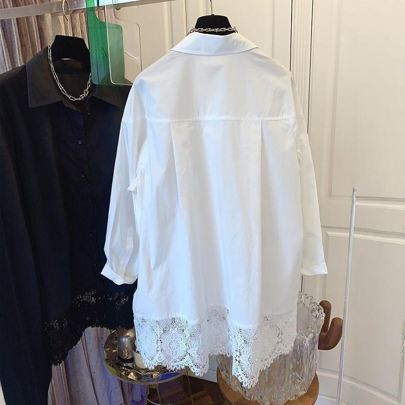White Lace Patchwork Shirt Y2k Long Sleeve Loose for Women Lapel Neck Single Breasted Blusas Mujer