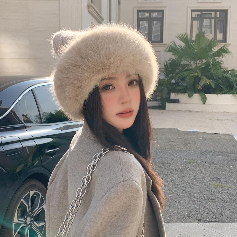 Rabbit Fur Knitted Hat Women'S Winter Cold-Proof And Warm Basin Hat Imitation Mink Ear Protection Cute Cat Ear Thickened Plush Mongolian Hat