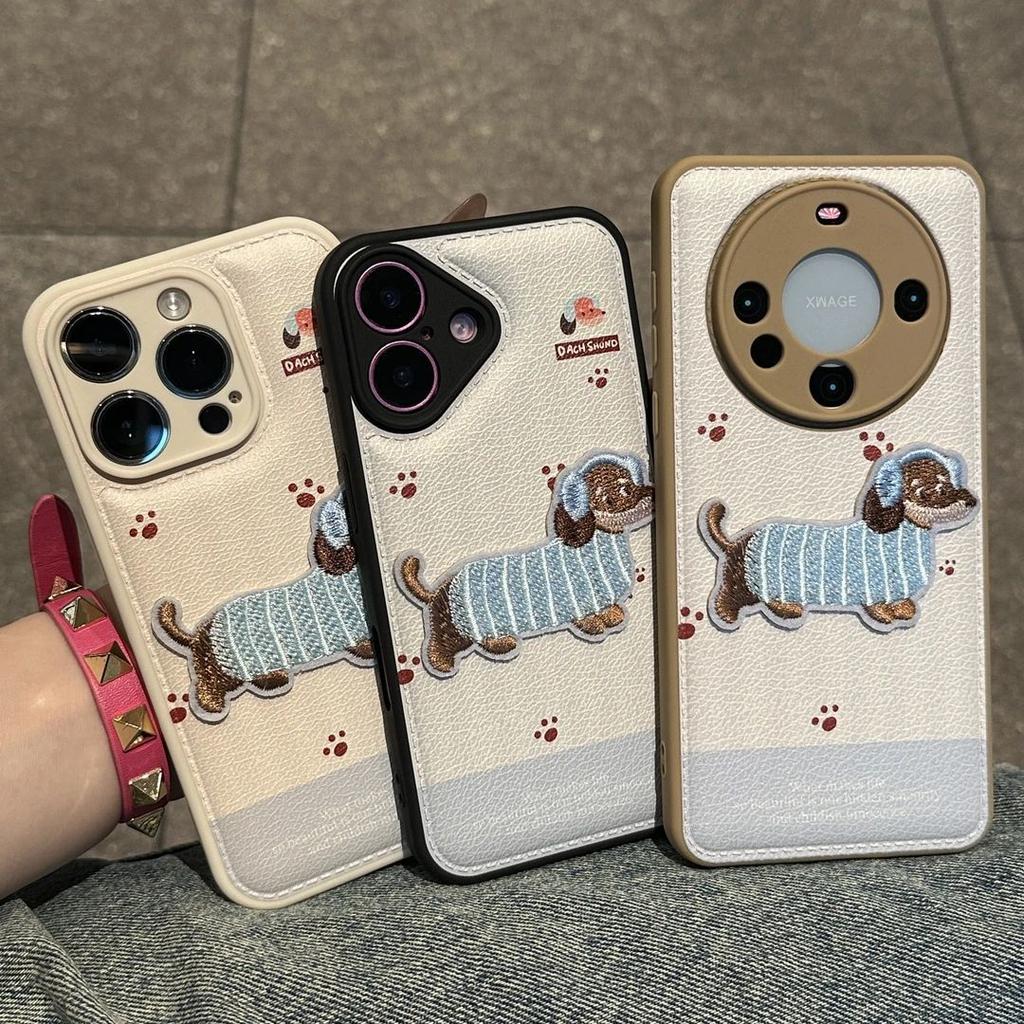 Autumn and winter embroidery dachshund suitable for Apple 17Promax mobile phone case IP16 bulge bag air cushion 15 cute 14 fine holes