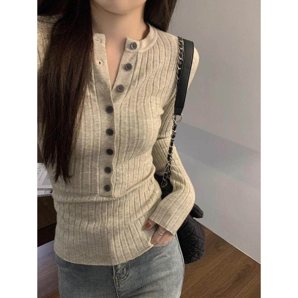 Women's Slim Fit Long Sleeve Knit Top with Half-Open Collar - 2025 Autumn/Winter Trend