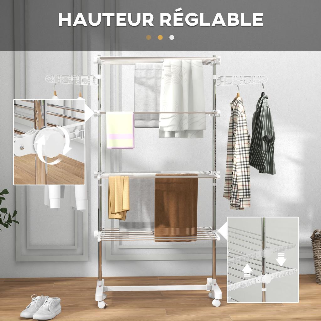 Foldable 4-Tier Clothes Drying Rack with Side Wings, 142x55x172cm, White