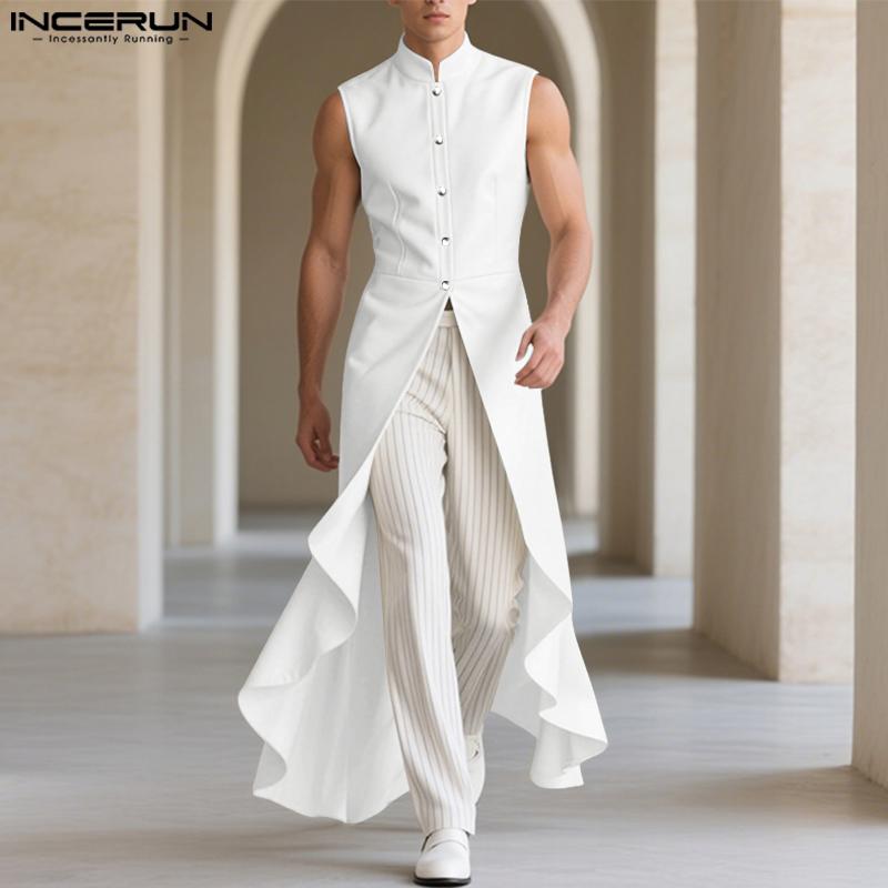 INCERUN Herren Ärmellos Knöpfe Schlitze Unregelmäßig Falten Lang Westen Oberteile