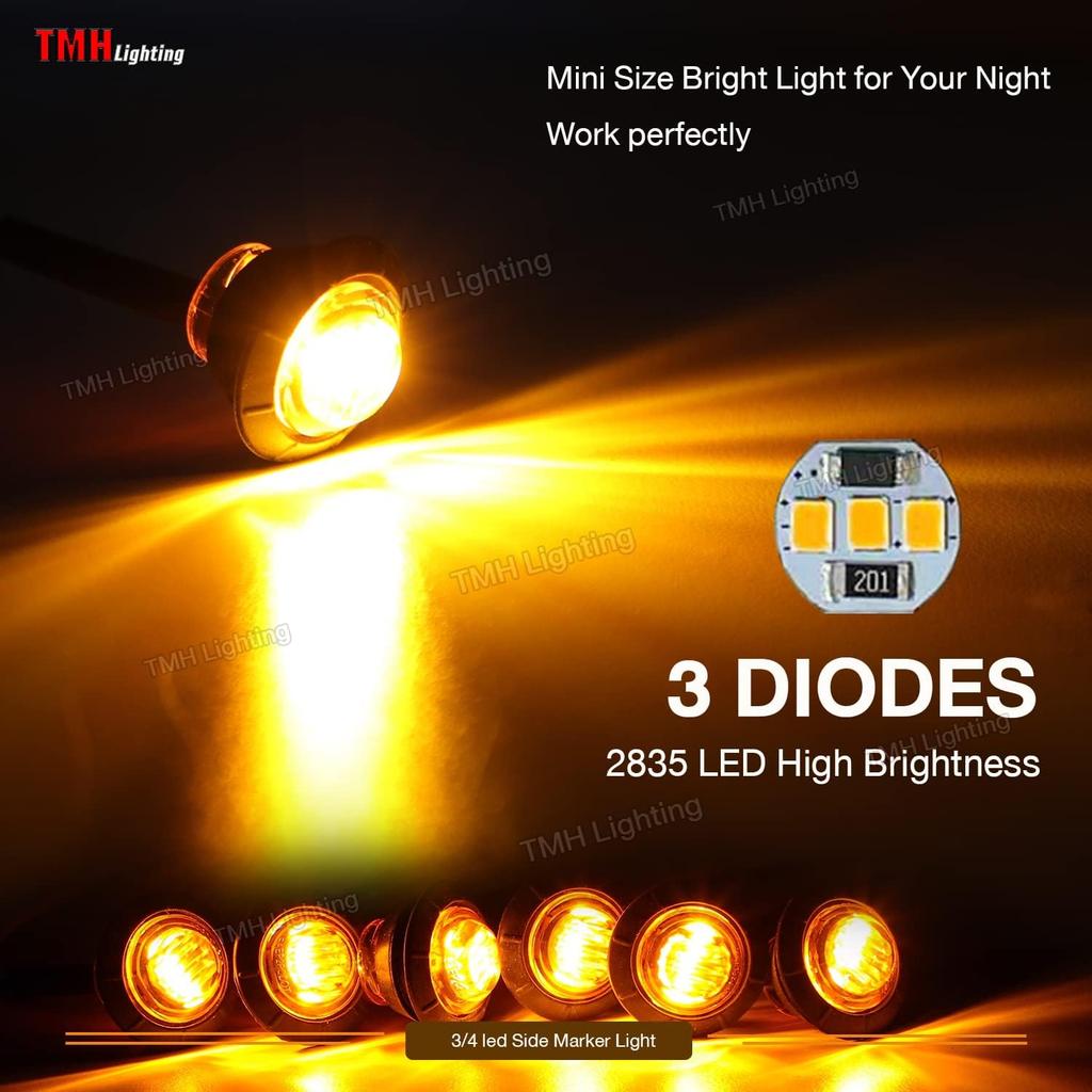 TMH 50 Pcs 3/4 Inch Mount Amber 3 LED Mini Round Trailer Side Marker Indicator Lights Clearance Button Signal Lamps Universal for Trucks Lorry Boat