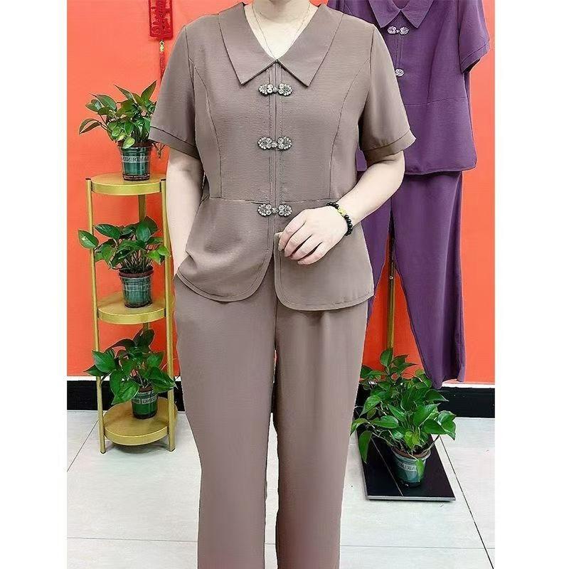 

Summer Casual Suit Women s Disc Buckle Square Collar Stitching Blouse Elastic Waist Wide-leg Pants Temperament Comfortable Two-piece Suit 4XL хакі