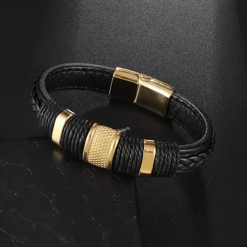 Hochwertiges handgeflochtenes Leder Edelstahl Magnetverschluss Armband Herren Charme Mode Lässiger Schmuck Geschenk