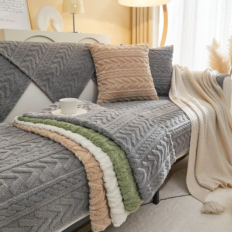 Living Room Sofa Cover Plush Backrest Towel Sofa Cushion Set Towel Sofa Cushion Winter Velvet Thickened Non-Slip