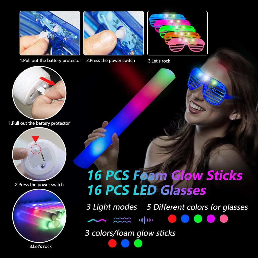 148 PCS Glow in the Dark Party Supplies, 16PCS Foam Glow Sticks, 16PCS LED Glasses,100PCS Glow Sticks Bracelets and 16Pcs LED Hair Clips Fiber Optic