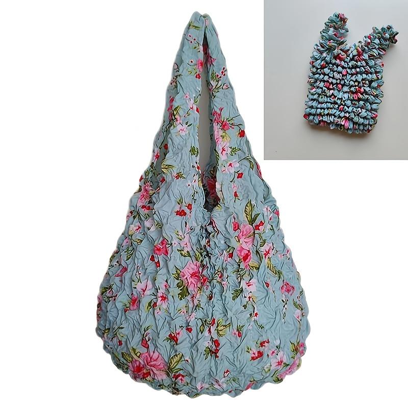 Magic Retractable Bubble Pleated Floral Shopping Bag for Women Lightweight Elastic Reusable Tote