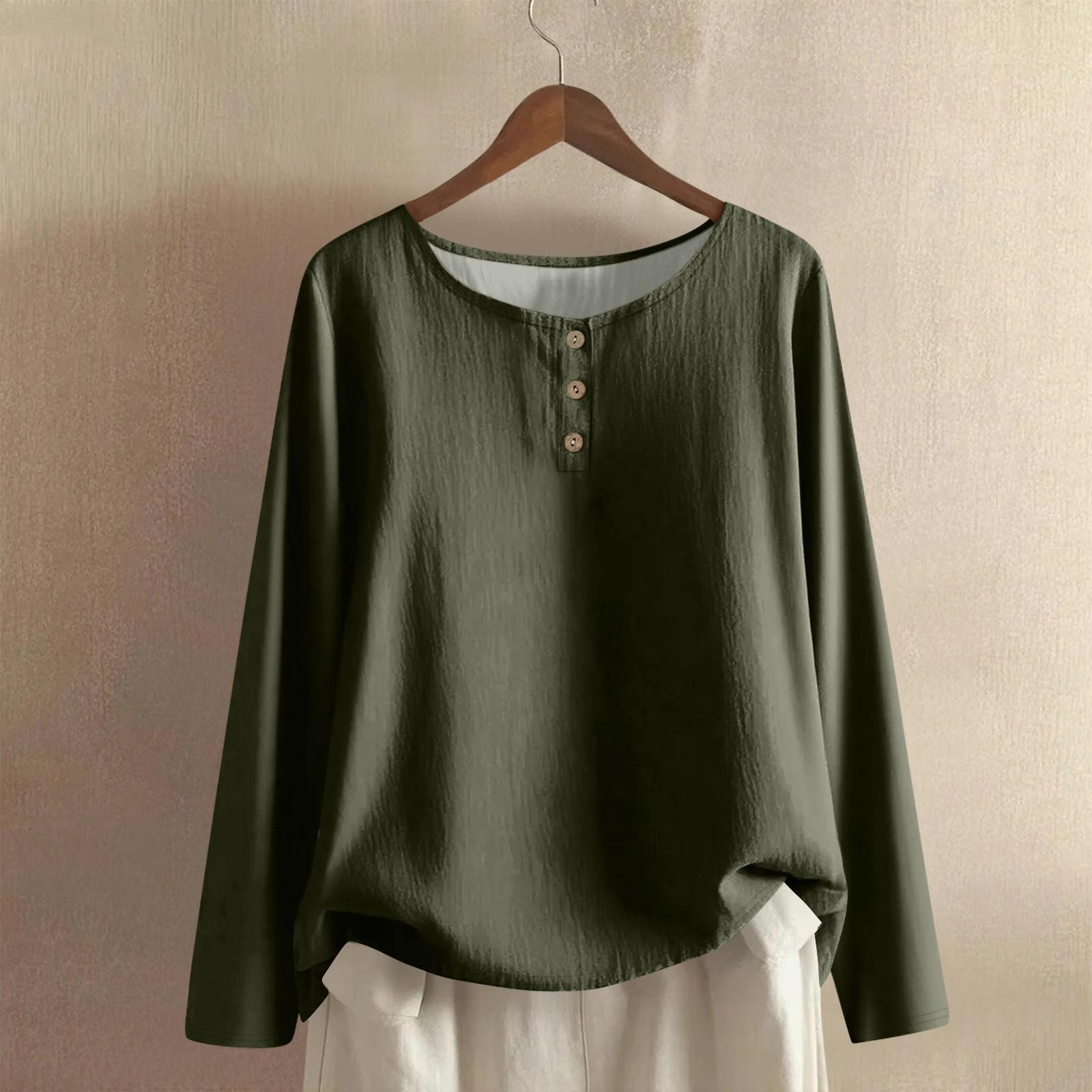

Women s Fashionable And Casual Shirt Long Sleeve Round Neck Solid-color Cotton And Linen Blouse Top L армія зелений колір